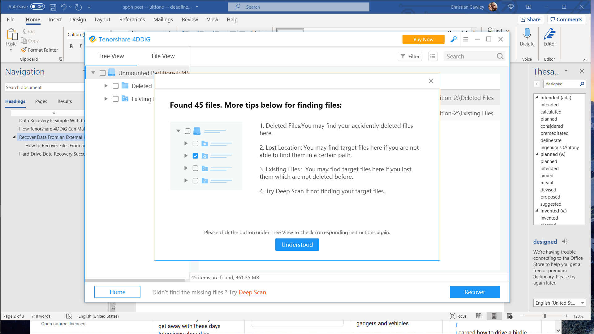 Интерфейс 4DDiG — уведомление 'Понял'