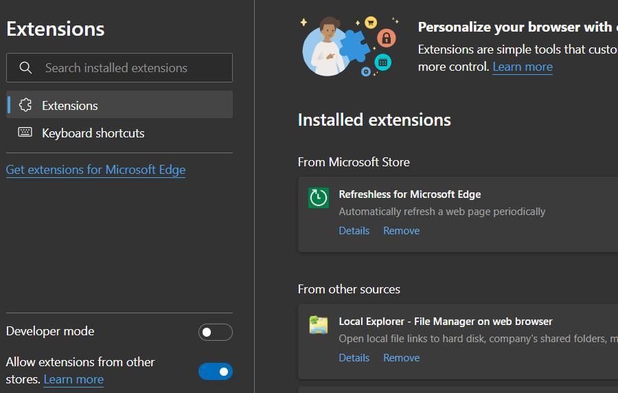 Переключатель 'Allow extensions from other stores' в Edge