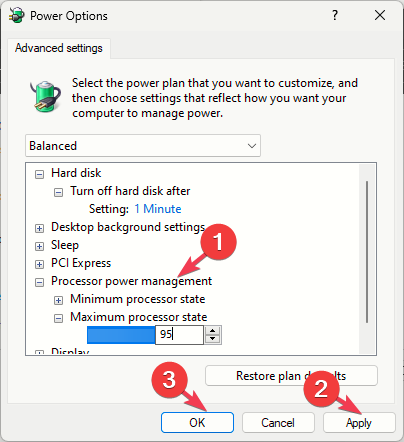 Изменение процента Максимального состояния процессора
