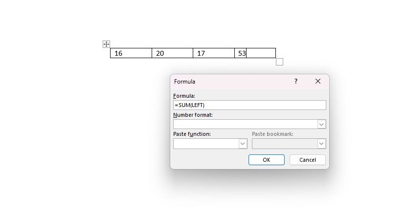 Пример формулы SUM в Word