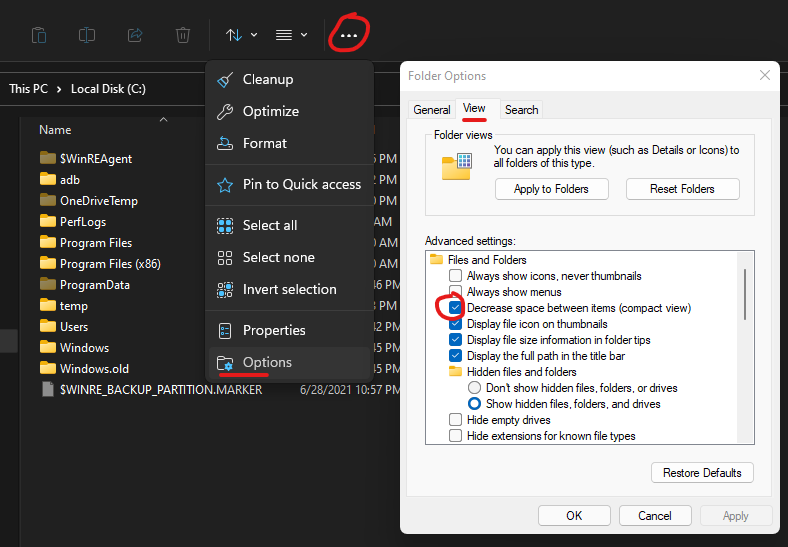 Скриншот: настройка 'Уменьшить расстояние между элементами' в параметрах Проводника