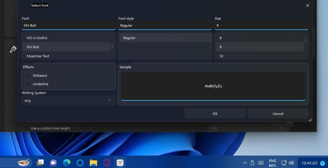 Окно выбора шрифта для ElevenClock