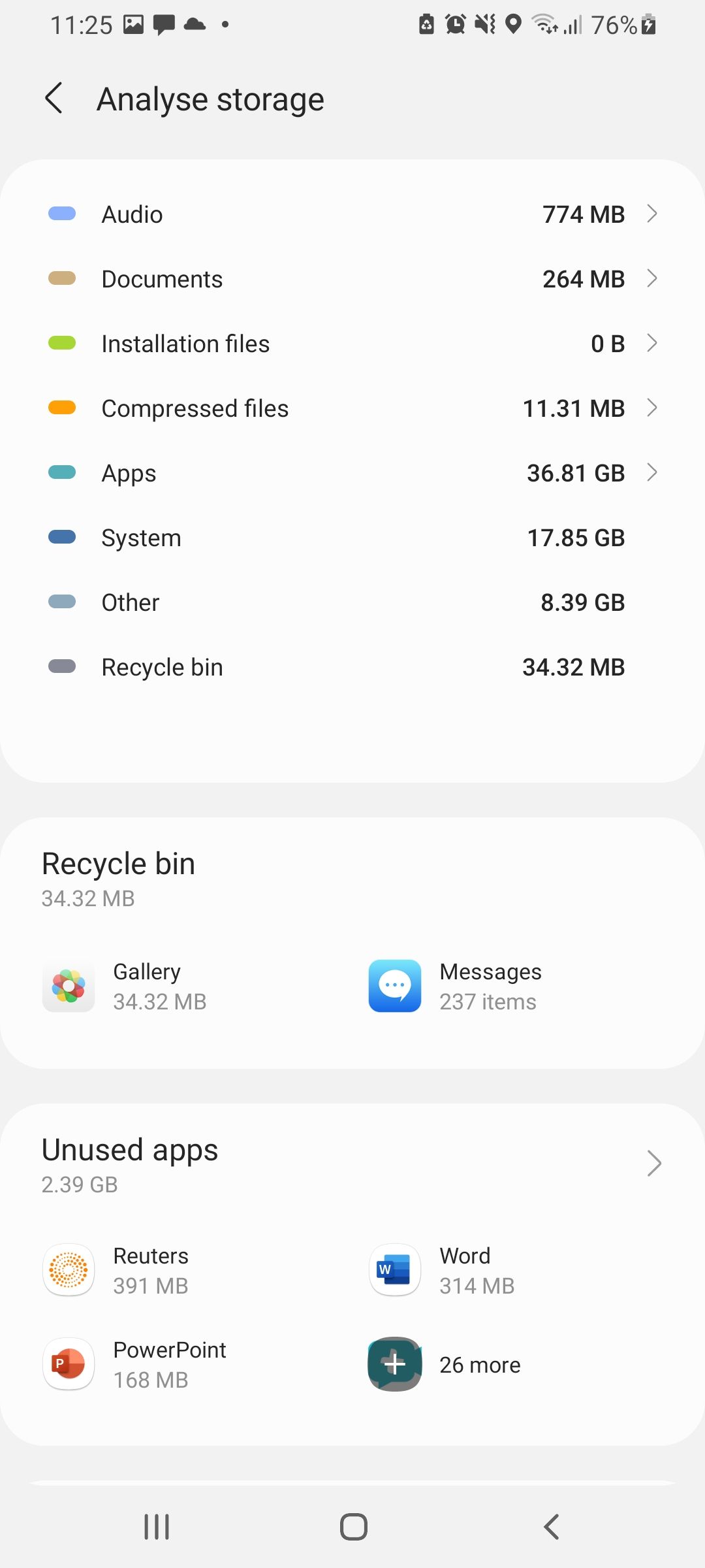 Интерфейс Samsung My Files — список категорий