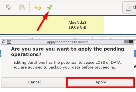 Применение изменений в GParted