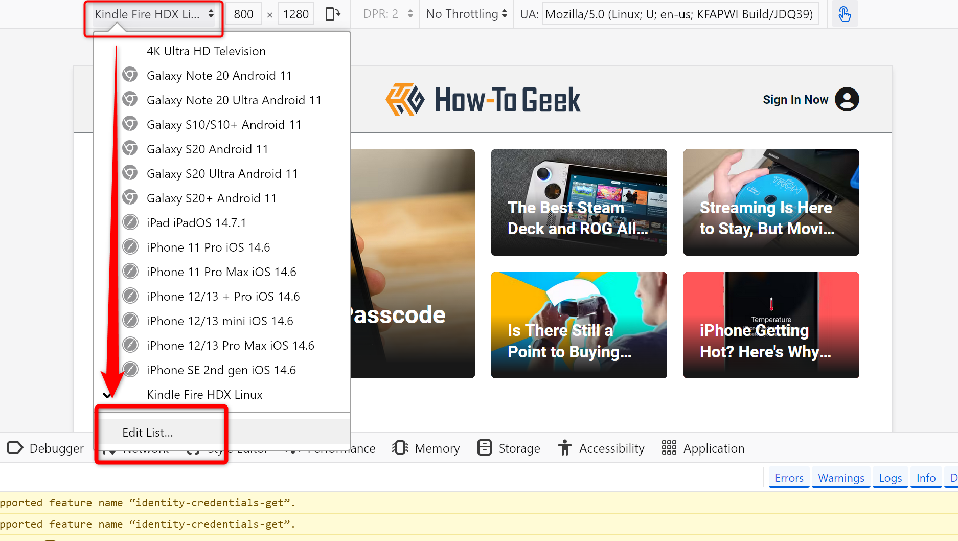 Инструменты разработчика Firefox: редактирование эмуляций устройств