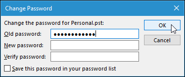 Диалог удаления или изменения пароля файла данных Outlook
