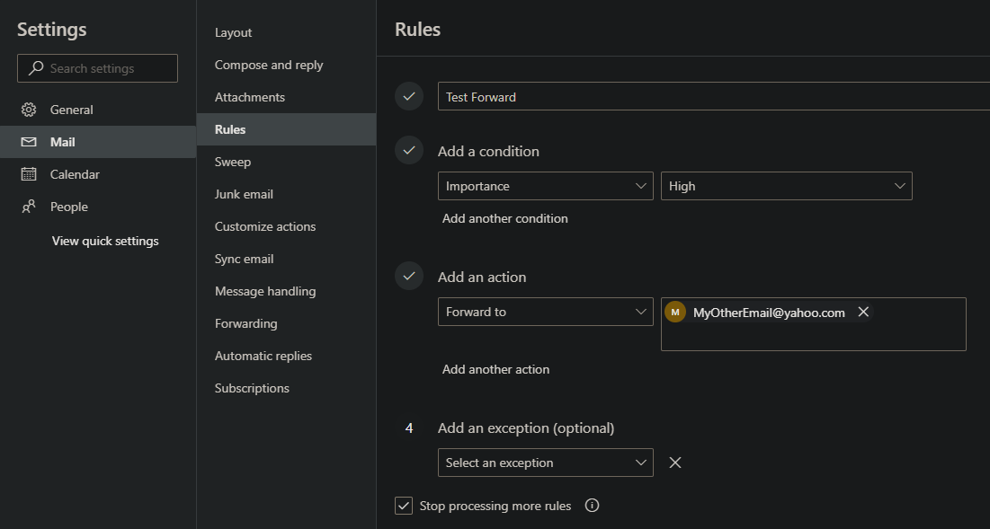 Фильтрация перешлых писем в Outlook Web