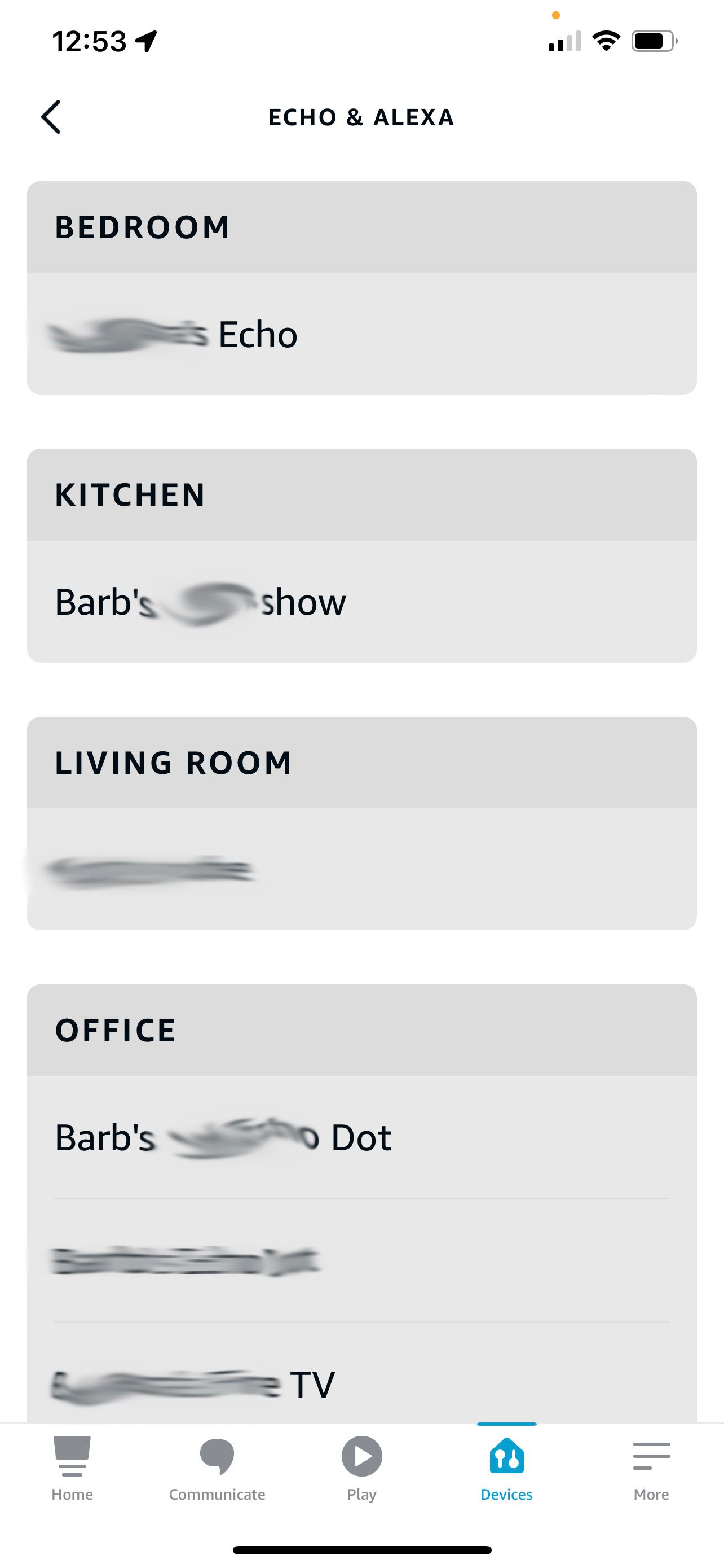 List of rooms and Echo Devices in the Alexa App