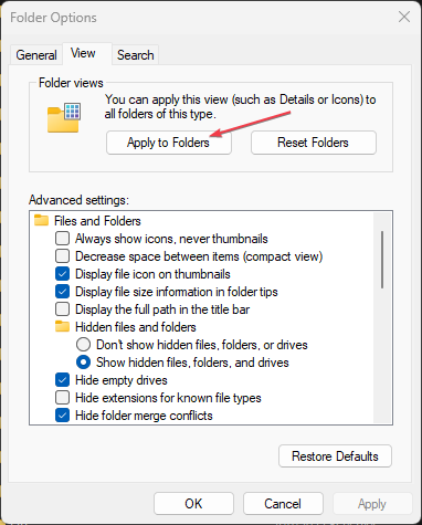 Кнопка Применить к папкам в Параметрах папок