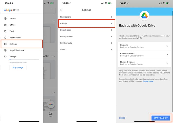 Google Drive: экран резервного копирования на iPhone