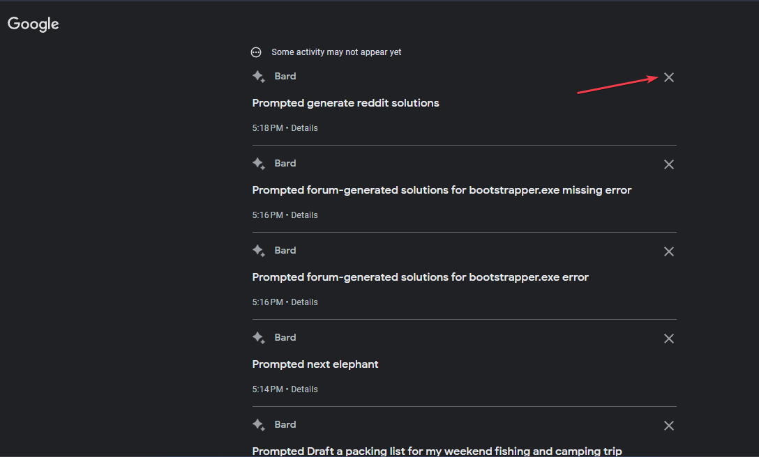 Кнопка удаления (X) рядом с конкретной активностью