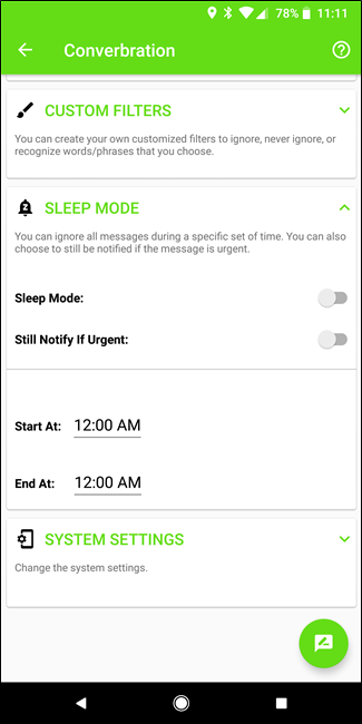 Экран режима сна с выбором временных интервалов