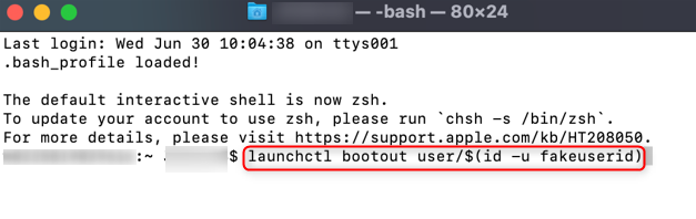 Выполнение команды launchctl bootout user в Терминале.