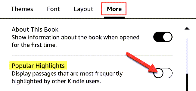 Переключатель Popular Highlights в настройках Kindle.