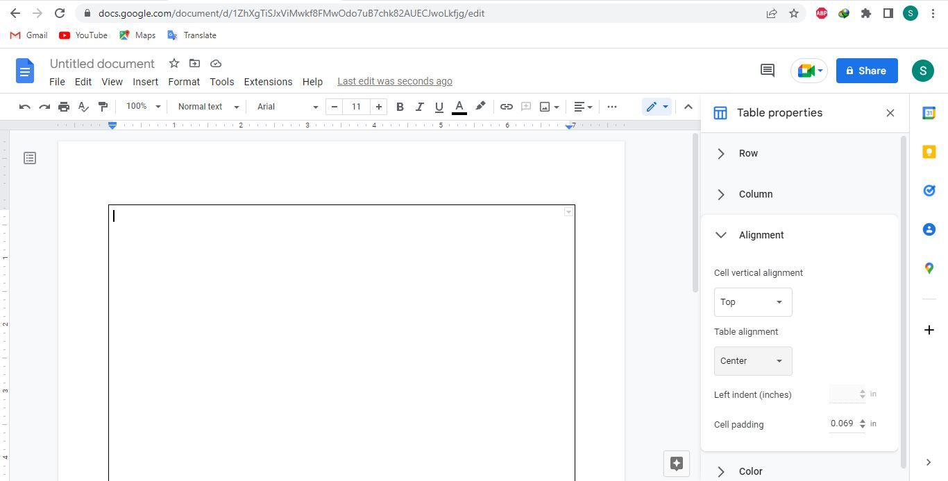 Настройка выравнивания таблицы в Google Docs