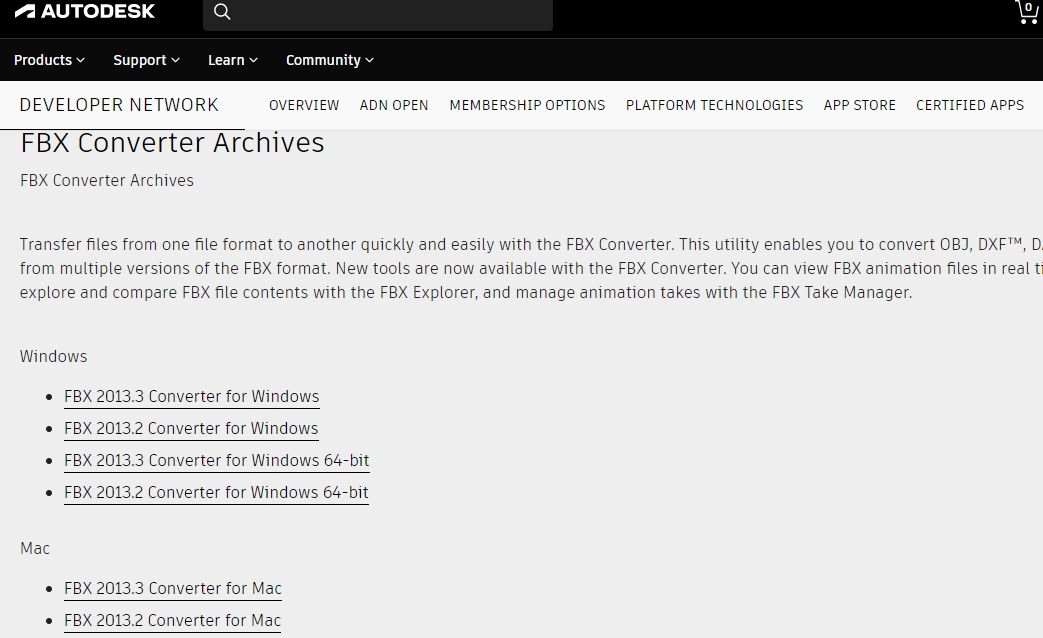 Параметры загрузки FBX Converter с сайта Autodesk