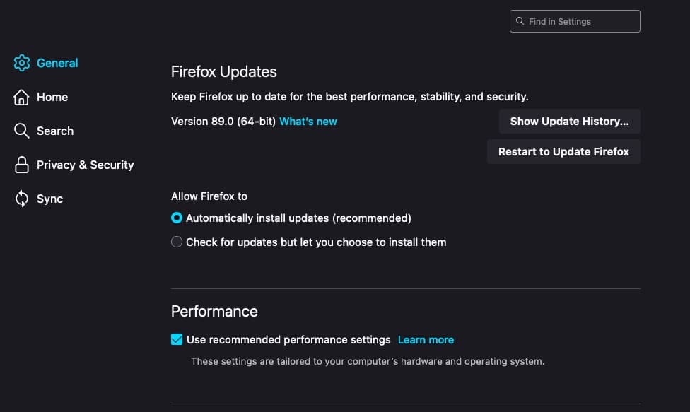 Firefox設定の一般タブ