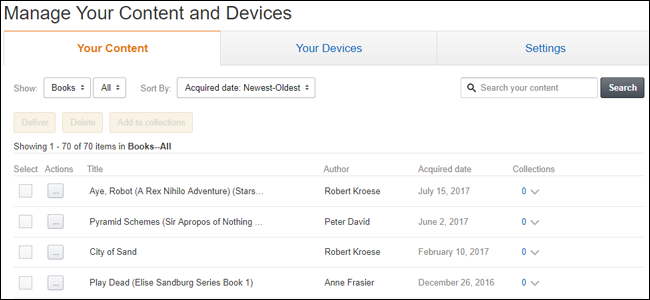 Страница Управление содержимым и устройствами на Amazon, список контента