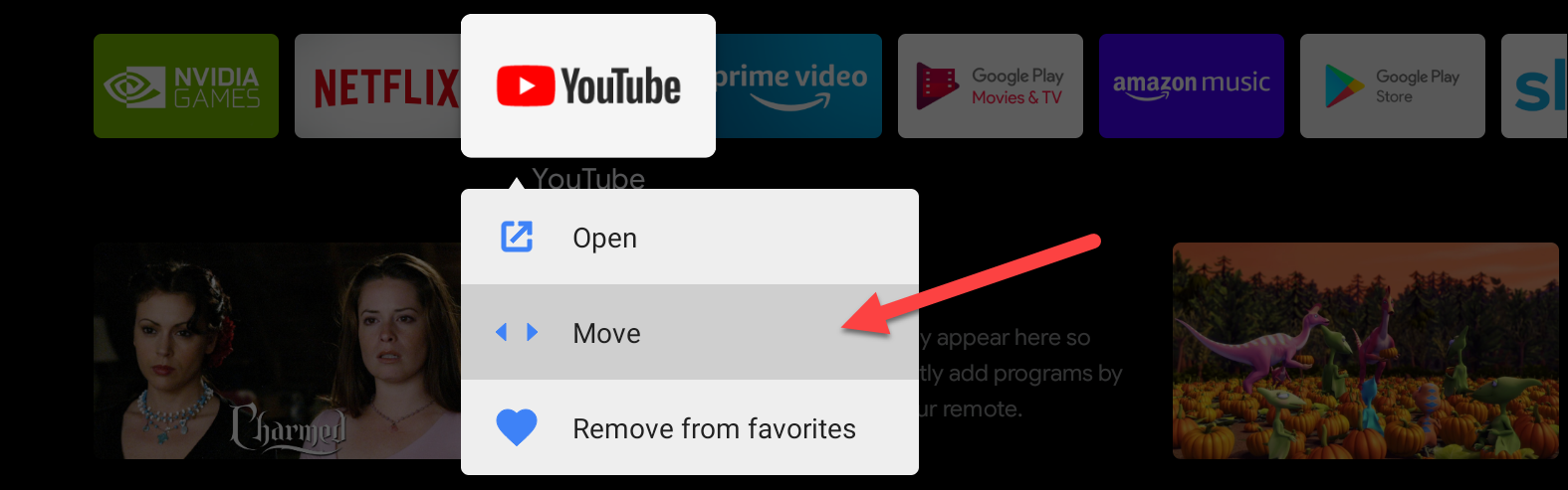 Выбор опции перемещения для изменения порядка ярлыков в строке.