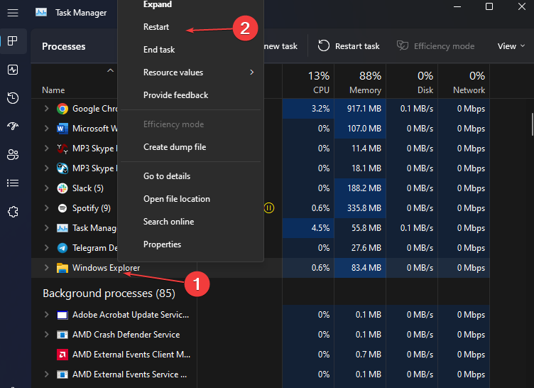 Перезапуск Проводника Windows в Диспетчере задач