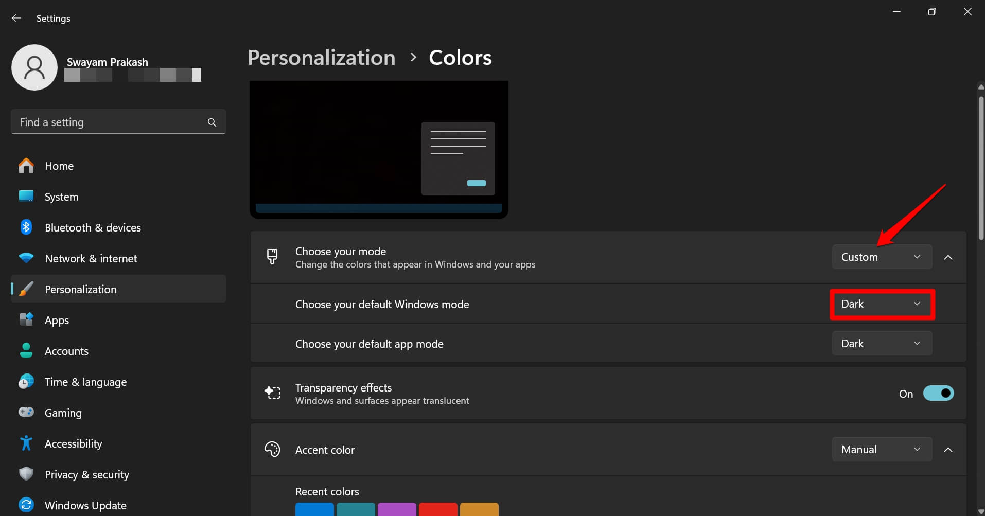 Установите режим Windows по умолчанию: Тёмный режим