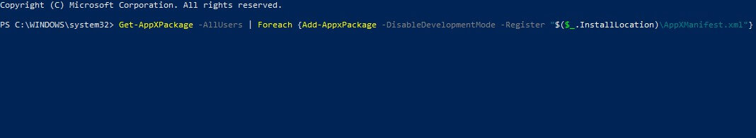 Окно PowerShell с командой переустановки приложений Windows