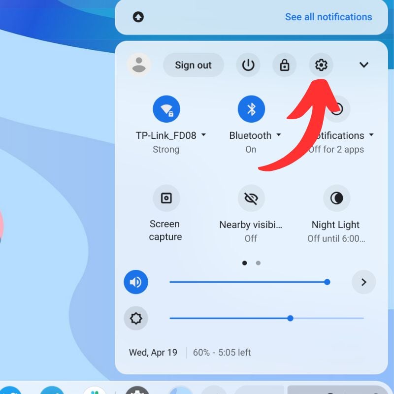 Иконка настроек (шестерёнка) в меню Chromebook