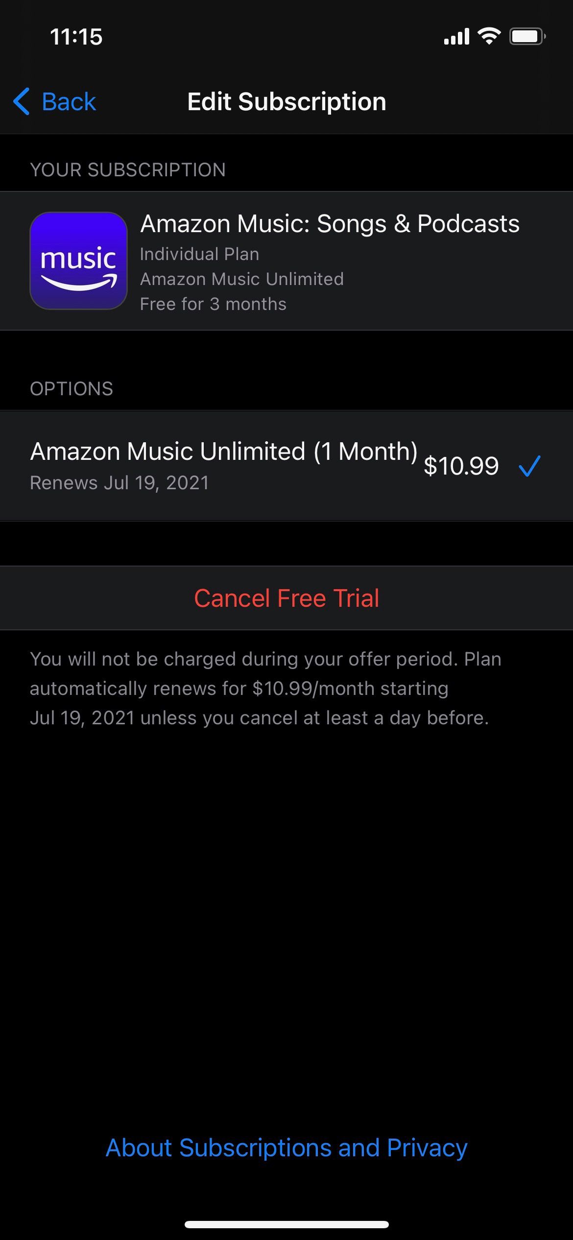 Экран отмены Amazon Music на iPhone
