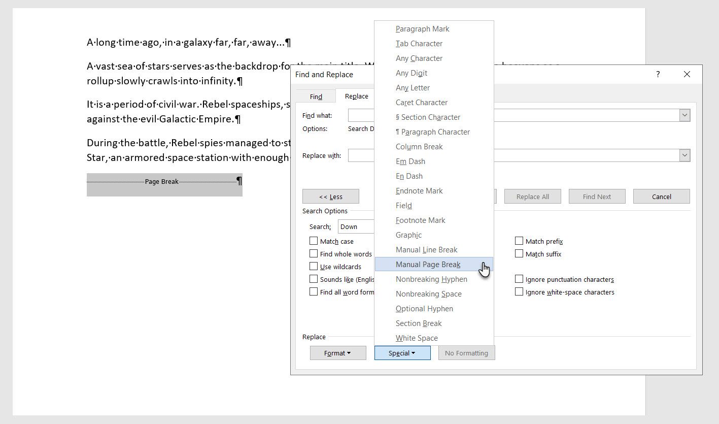 Выбор ручного разрыва в меню Специальный