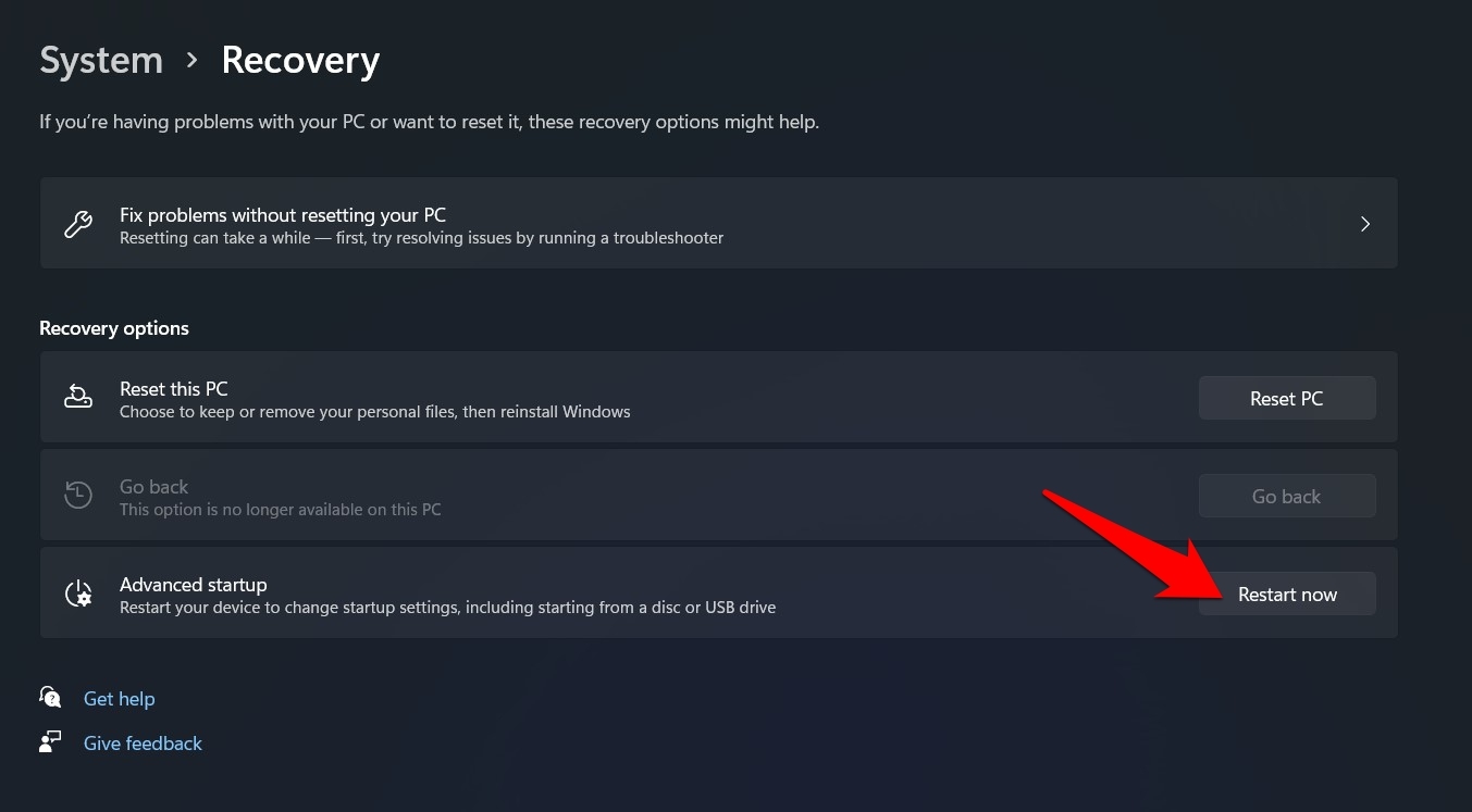 Кнопка Перезапустить сейчас в параметрах восстановления Windows 11