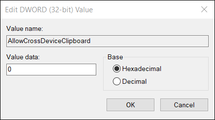 Установите для AllowCrossDeviceClipboard значение 0 и нажмите 
