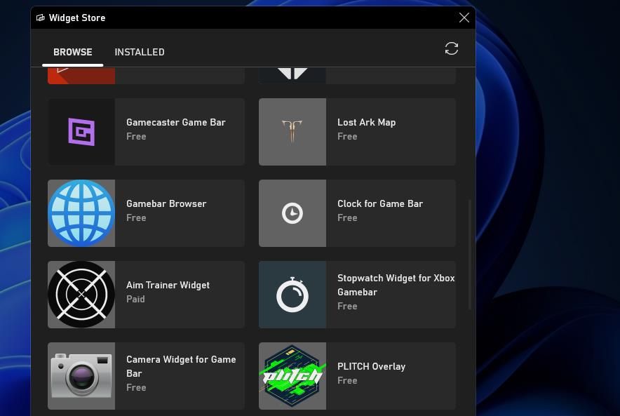 Окно Магазина виджетов с доступными дополнениями