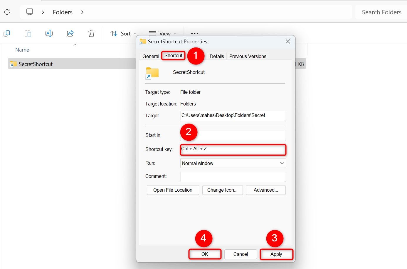 Окно свойств ярлыка с вкладкой Ярлык и полем Сочетание клавиш.