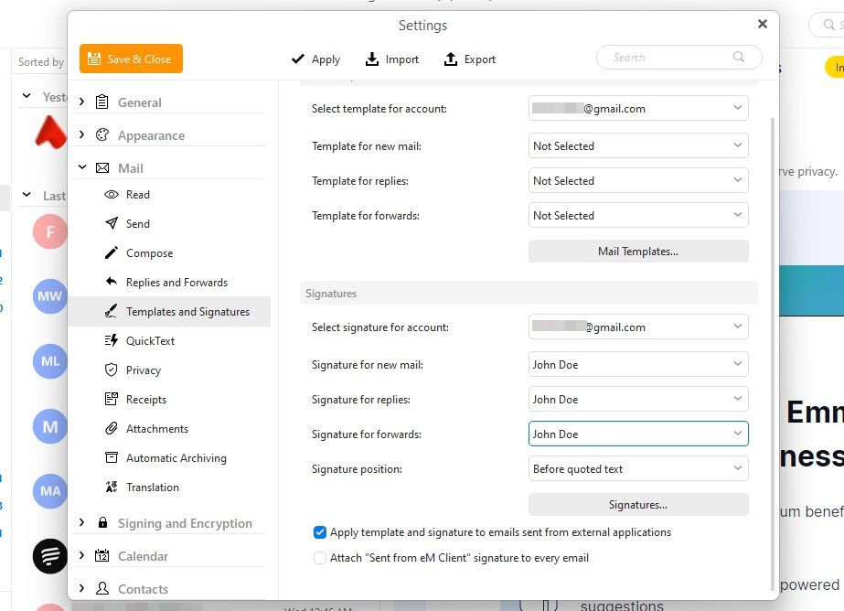 Назначение подписи для аккаунта в eM Client