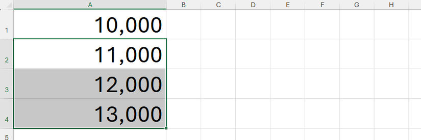 Quattro celle in Excel contenenti valori con il separatore delle migliaia applicato.