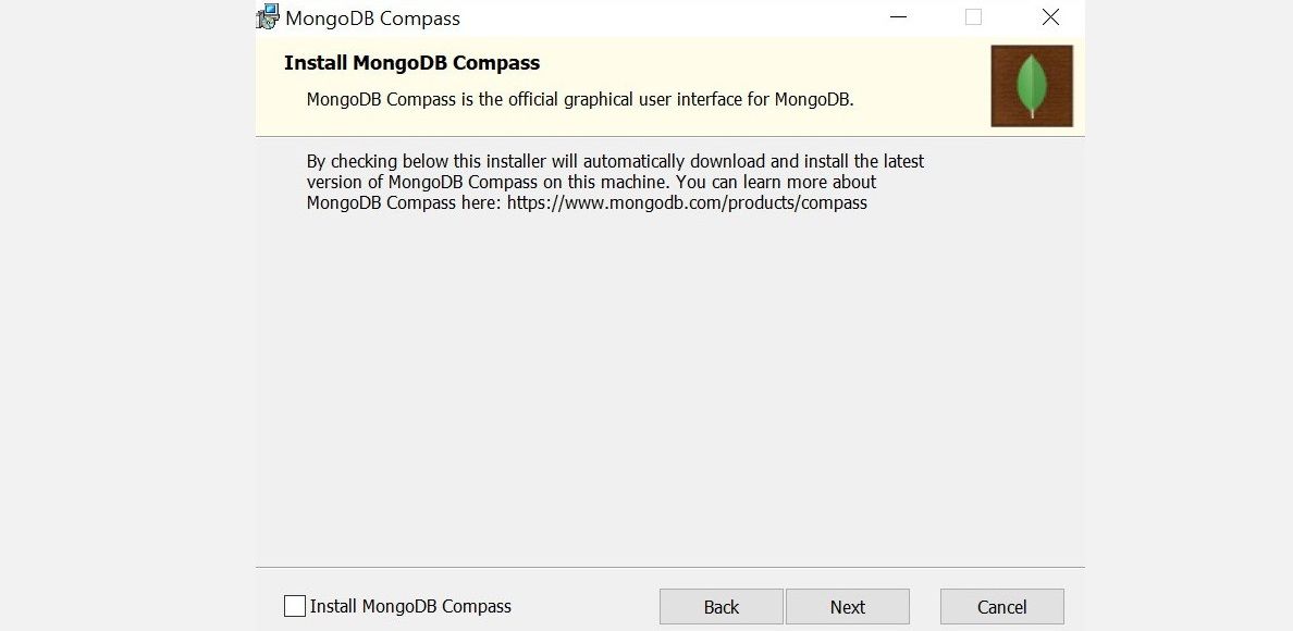 Шаг установки: опция установки MongoDB Compass