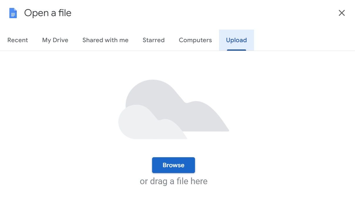 Выбор файла Word для открытия в Google Docs через диалог «Обзор»