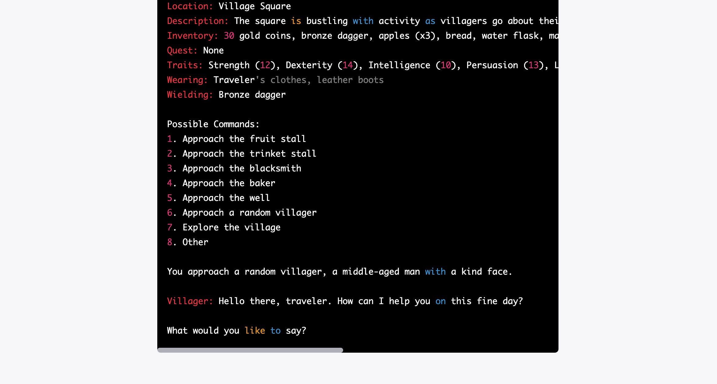 Житель деревни интересуется состоянием игрока в диалоге текстовой игры