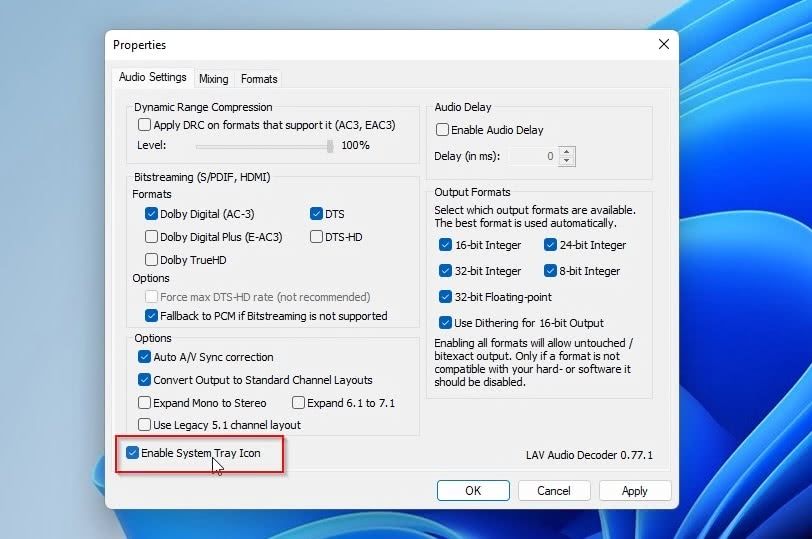 Вкладка Mixing в LAV Audio с опцией Dont Mix Stereo Sources