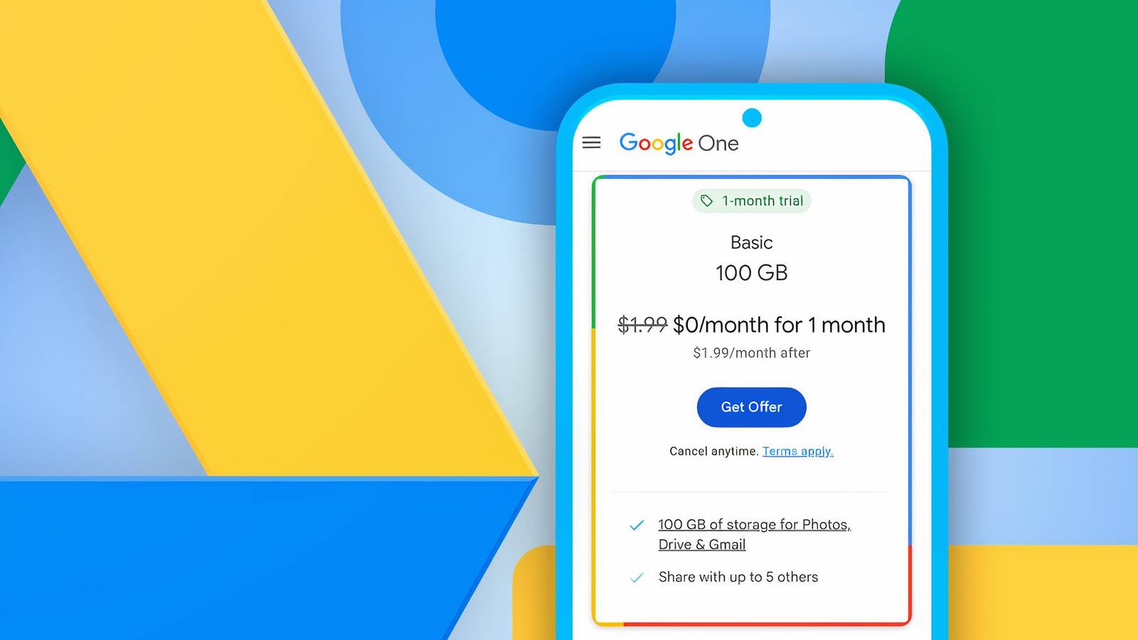Телефон, показывающий один из тарифных планов Google Drive.