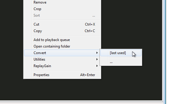 Меню с пунктом [Last used] для быстрого повторного конвертирования
