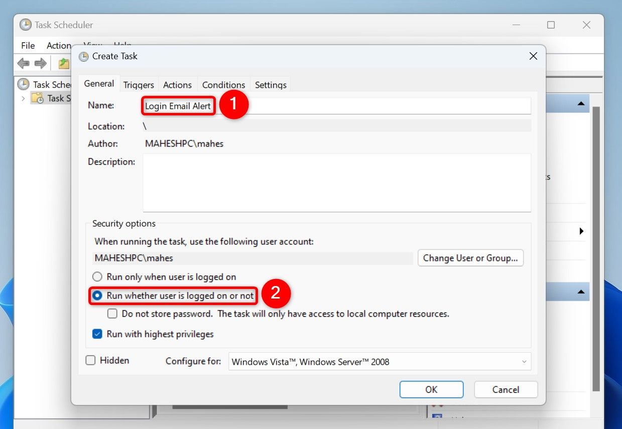 Окно Создать задачу в Планировщике задач с выделенными параметрами