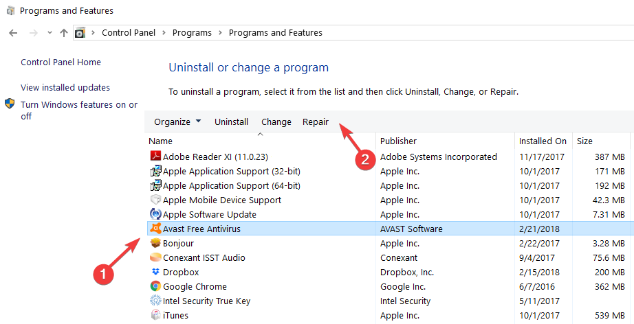 Окно восстановления Avast — кнопка Ремонт