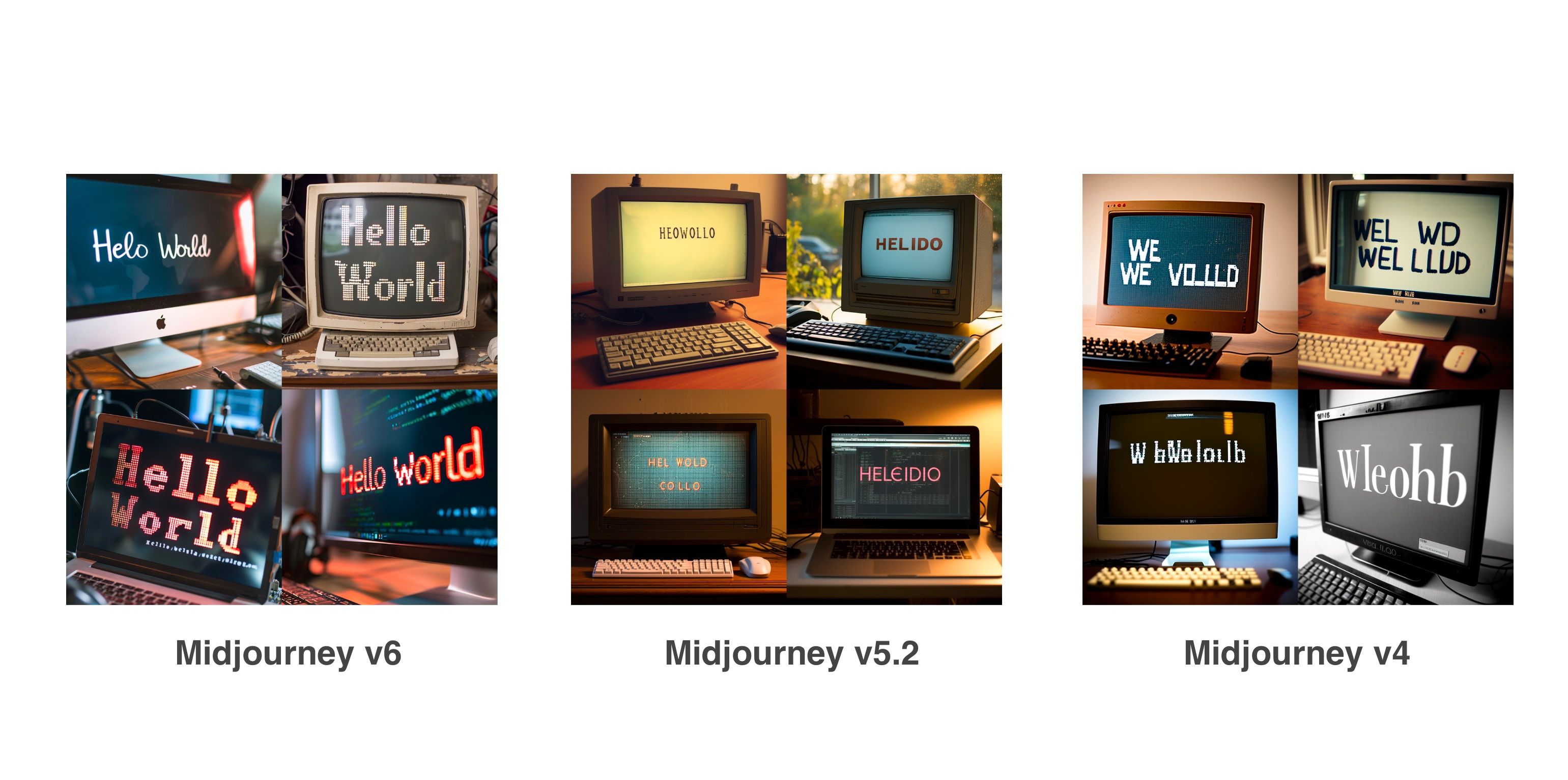 Примеры изображений с текстом, сгенерированных в Midjourney v4, v5.2 и v6