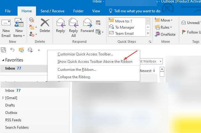 Опция показать панель над лентой