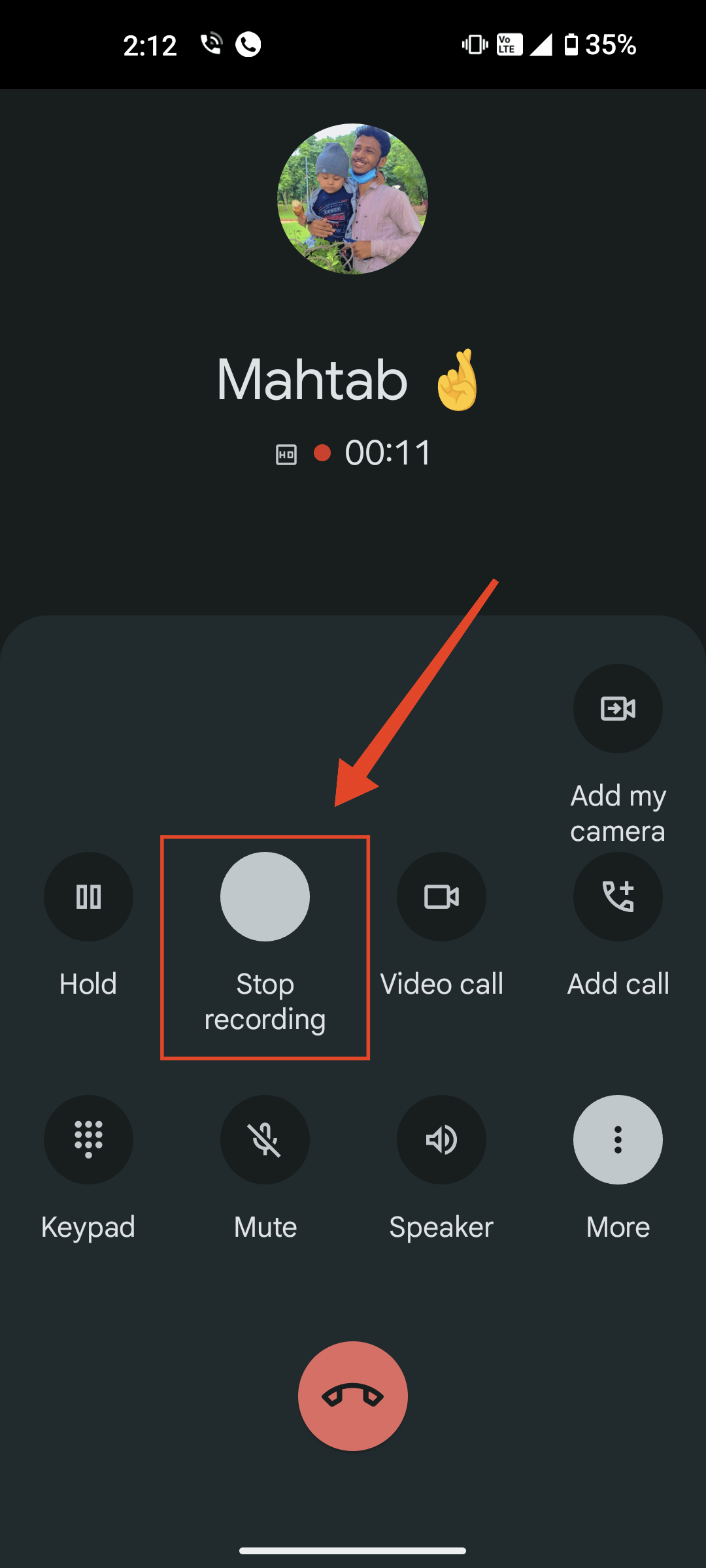 Остановка записи звонка в приложении Phone