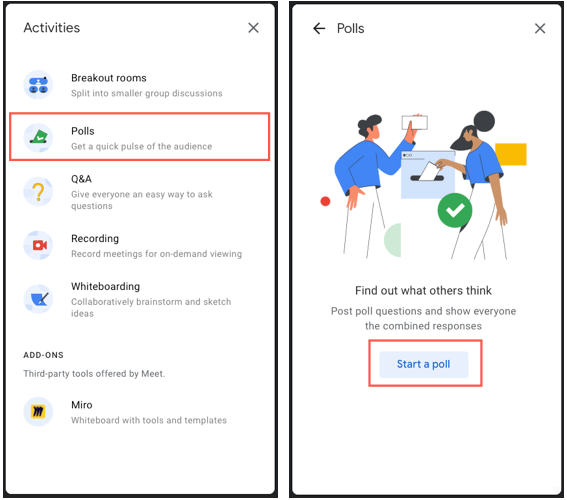 Раздел «Activities» с пунктом Polls и кнопкой Start a Poll