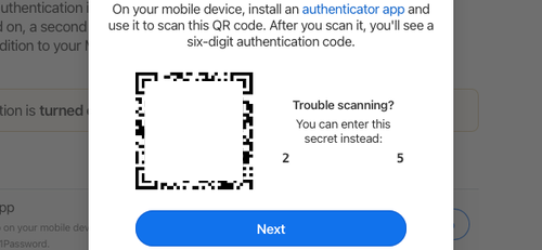 QR‑код и ключ настройки для 2FA