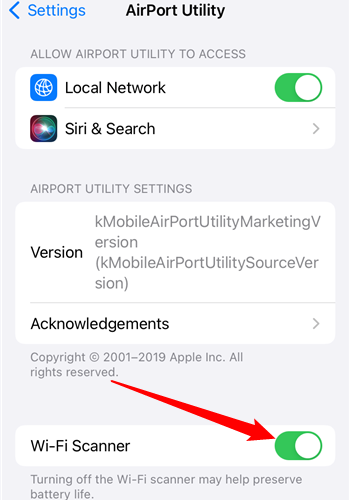 Переключатель включения сканера Wi‑Fi в настройках AirPort Utility