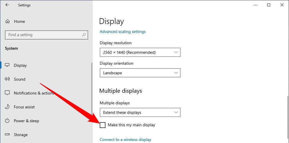 Отметьте флажок «Сделать этот дисплей основным».